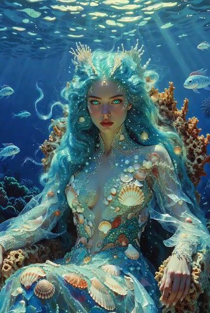 Aperçu du prompt: Peinture à l'huile d'une reine sous-marine