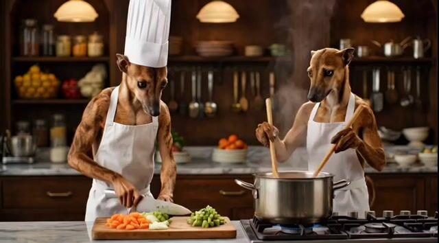 Pré-visualização do prompt: Whippets preparando um jantar sofisticado