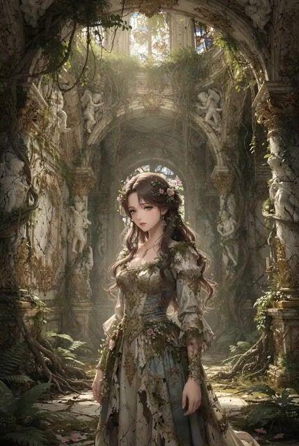 Pré-visualização do prompt: Retrato em estilo anime realista em um palácio rococó coberto por vegetação