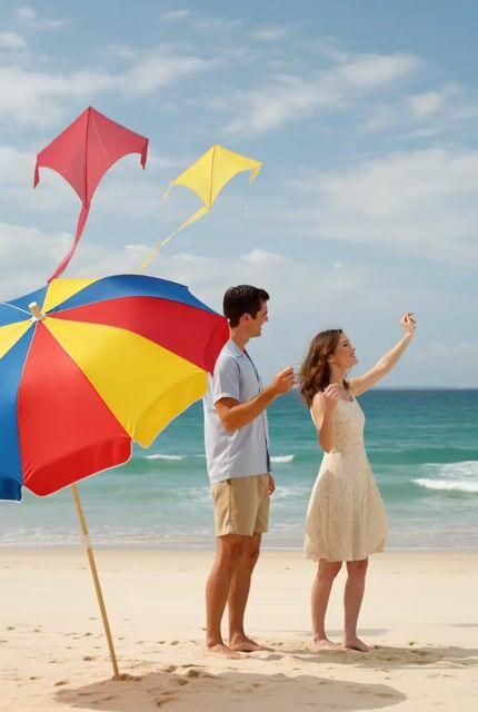 Pré-visualização do prompt: Pipas de Praia em Estilo Anos 50