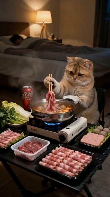 提示词预览: 胖乎乎的金色短毛猫正在吃中餐