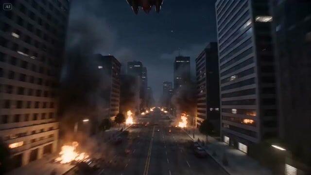 プロンプトのプレビュー: エイリアン襲来の FPV シネマティック映像