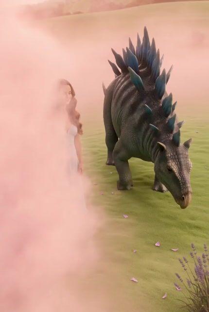 Anteprima del prompt: Woman in Pink Fog with Baby Blue Stegosaurus