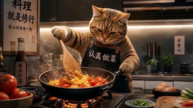 プロンプトのプレビュー: トマトと卵を料理するシェフ猫