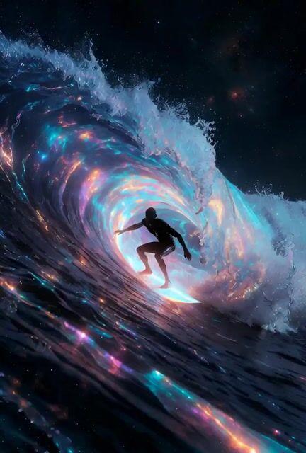 Pré-visualização do prompt: Vídeo de Surfe Cósmico