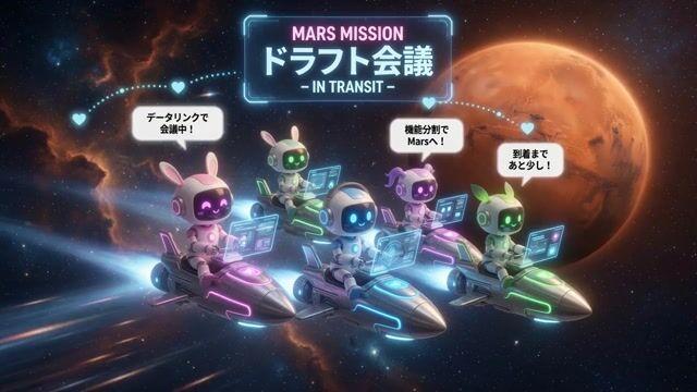 プロンプトのプレビュー: ロケットに乗る AI キャラクターたち