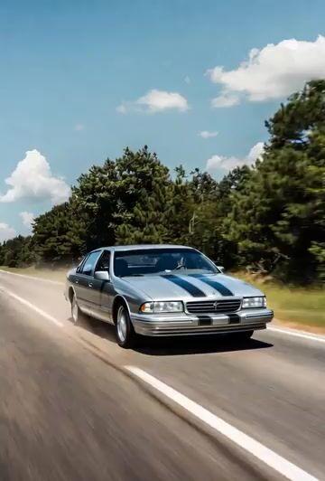 Aperçu du prompt: Vidéo d'une Impala Super Sport argentée de 1996 en conduite