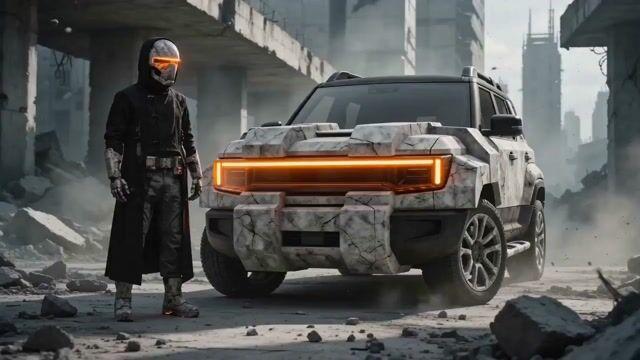 ตัวอย่างพรีวิวพรอมต์: การหลบหนีด้วยรถ SUV สไตล์ Brutalist Dystopian