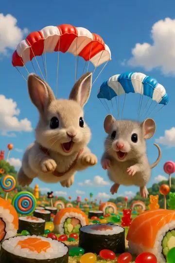 Aperçu du prompt: Animaux en chute libre dans le Royaume des Bonbons