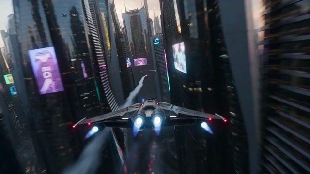 プロンプトのプレビュー: 近未来ネオンメガシティの航空機レース