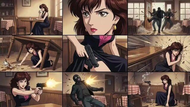 Pré-visualização do prompt: Sequência de Ação de Anime dos Anos 90: Emboscada no Café