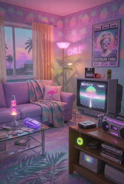 Anteprima del prompt: Soggiorno tech retrò in stile vaporwave