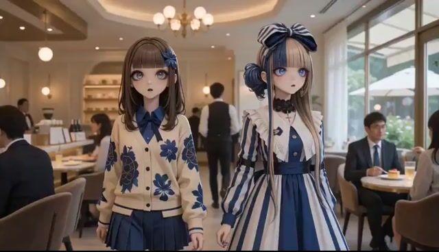 プロンプトのプレビュー: フォトリアルなカフェにいるアニメキャラクター