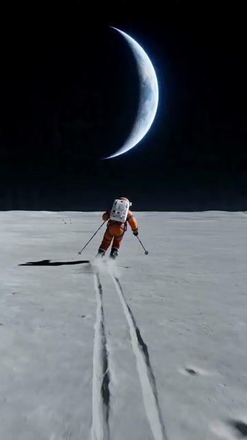 プロンプトのプレビュー: 月面をスキーで滑走する宇宙飛行士のワイドショット
