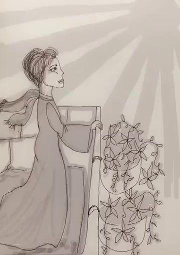 Pratinjau prompt: Woman on Balcony Breezy Scene