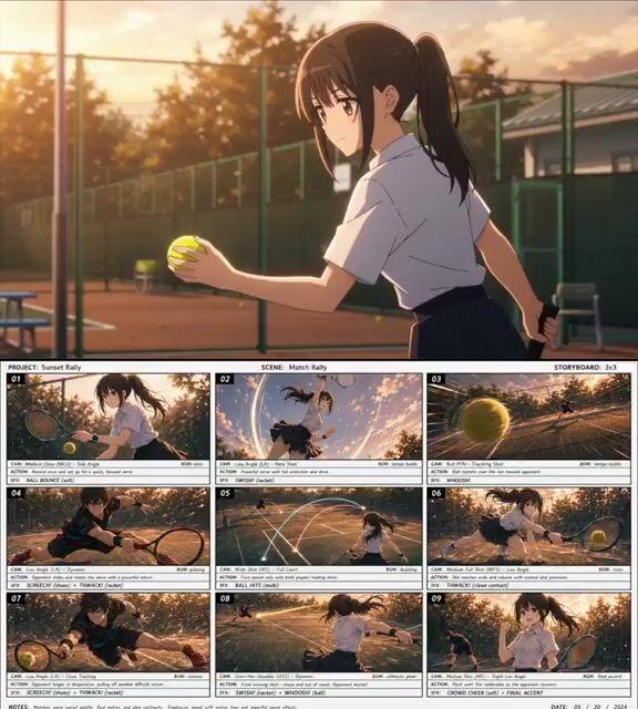プロンプトのプレビュー: シネマティックなアニメ風テニスの試合動画