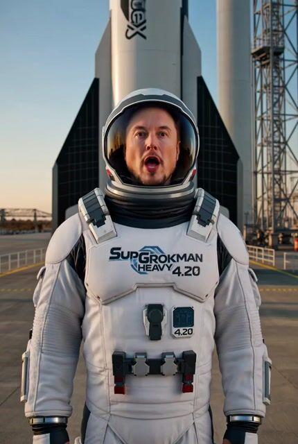 ตัวอย่างพรีวิวพรอมต์: อีลอน มัสก์ ทะยานสู่ดาวอังคารด้วยชุดอวกาศ SuperGROKMAN HEAVY 4.20