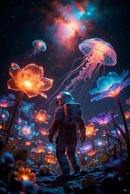İstem önizlemesi: Gerçeküstü uzaylı bahçesi astronot video istemi