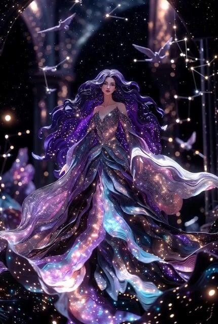 Pré-visualização do prompt: Vídeo de Arte em Papel da Rainha Cósmica