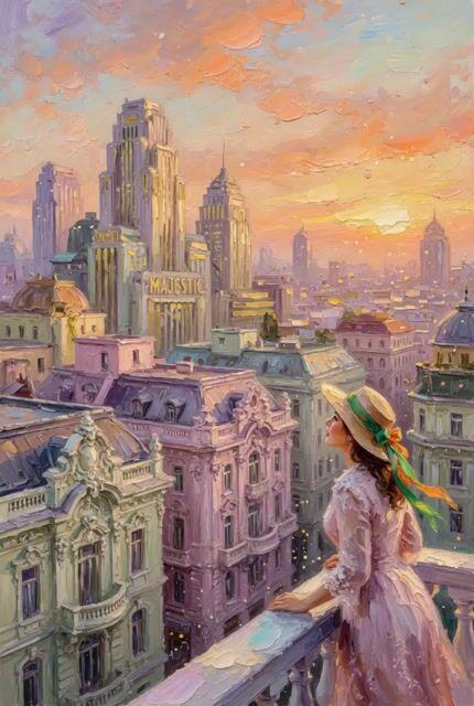 Pré-visualização do prompt: Pintura a óleo em impasto de uma cidade em camadas ao nascer do sol