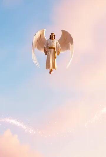 Pré-visualização do prompt: Cena de ressurreição em câmera lenta com um anjo e Jesus Cristo