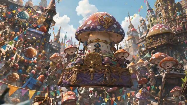 プロンプトのプレビュー: 祝祭のキノコ都市:アニメ調の逃走劇