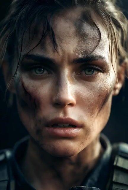 プロンプトのプレビュー: 女性兵士の映画のような超リアルなクローズアップ