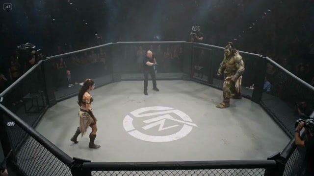 プロンプトのプレビュー: 超リアルなオーク vs 人間 UFC ファイト