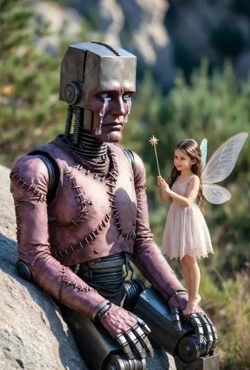 Prompt-Vorschau: Grok Imagine Prompt für einen Frankenstein-ähnlichen Roboter und eine freundliche Fee