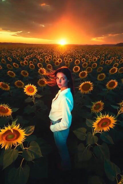 Promptvoorbeeld: Mona Lisa-Inspired Woman in Sunflower Field