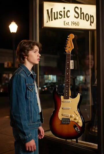 ตัวอย่างพรีวิวพรอมต์: เด็กชายวัยรุ่นกำลังมอง Stratocaster ในปี 1975