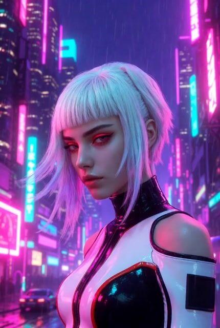 Pré-visualização do prompt: Prompt de vídeo: Paisagem urbana cyberpunk e mulher