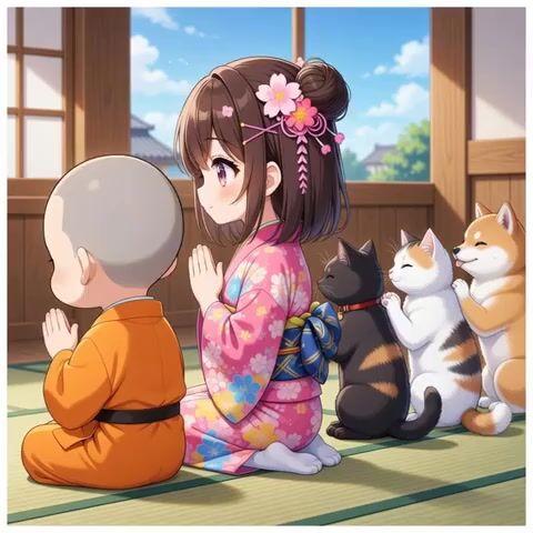 プロンプトのプレビュー: 座って祈っている僧侶、少女、猫、犬