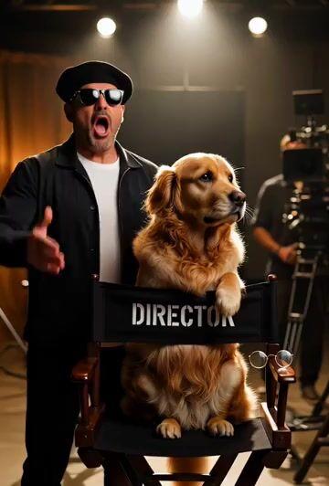 Prompt-Vorschau: Dramatischer Hollywood-Regisseur und Golden Retriever
