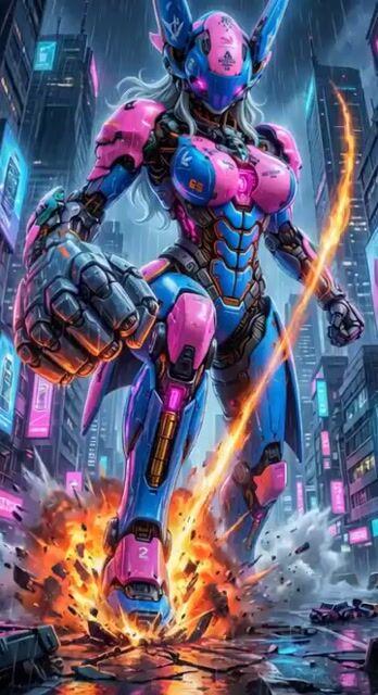 Aperçu du prompt: Scène d'action mecha cyberpunk