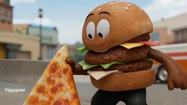 プロンプトのプレビュー: アニメーションのハンバーガーとピザのストリートファイト