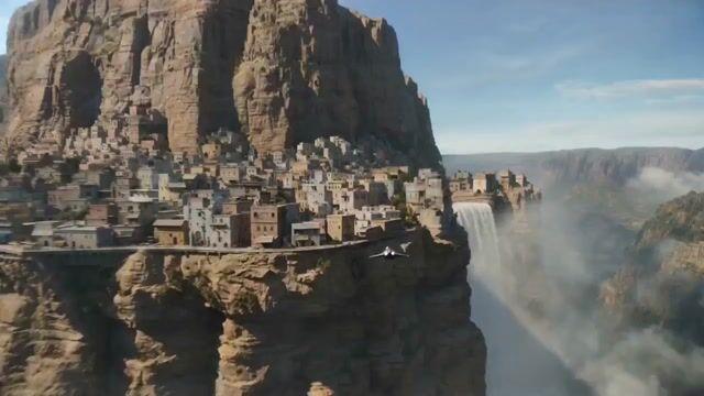 プロンプトのプレビュー: 崖の上の都市を駆け抜けるスピーダーチェイス・アクション