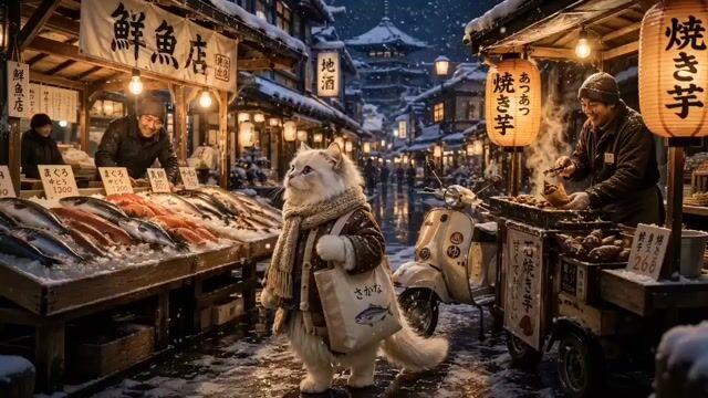 プロンプトのプレビュー: 雪の降る日本の町を旅する猫