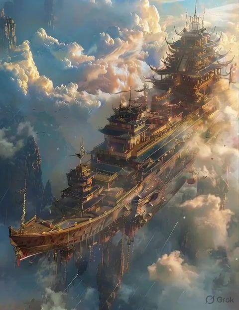 プロンプトのプレビュー: 雲上の中国風宮殿船