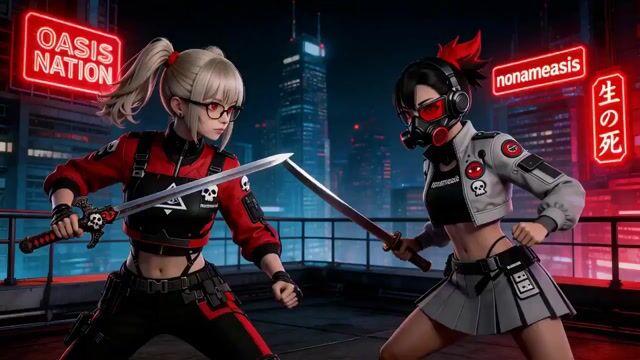 Prompt preview: Dynamic Sword Fight on a Neon-Lit Rooftop