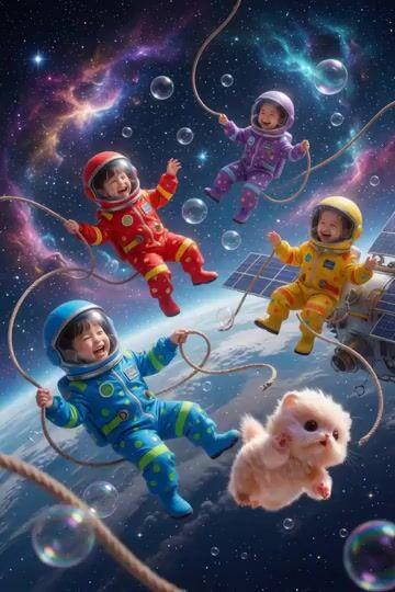 プロンプトのプレビュー: 無重力空間で遊ぶ宇宙飛行士の子供たち
