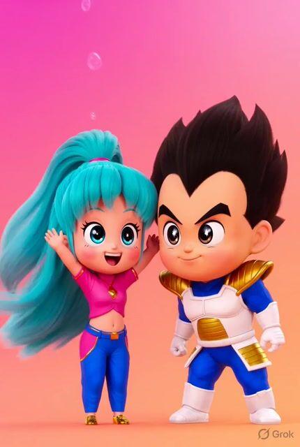 Prompt-Vorschau: Grok Imagine Chibi-Vorlage Animation von Vegeta und Bulma