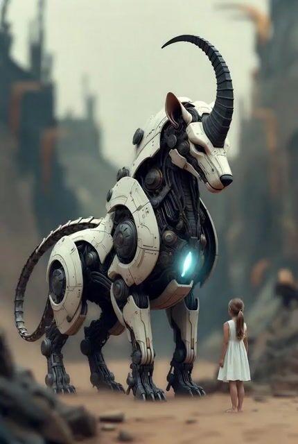 Promptvoorbeeld: Surreal cyborg animal and young girl