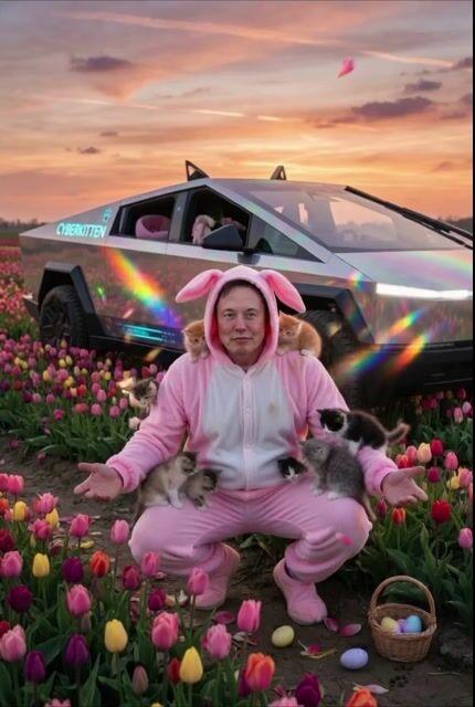 Pré-visualização do prompt: Cena de Páscoa no Campo de Tulipas do Cyberkitten
