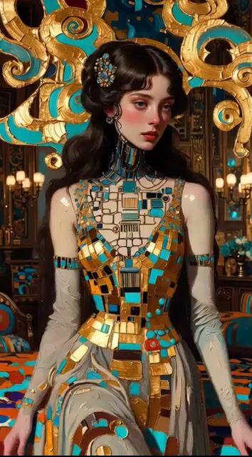 İstem önizlemesi: Dişi Robotun Impasto Yağlıboya Tablosu, Klimt Tarzı