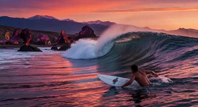 Anteprima del prompt: Surf su un'onda gigantesca al tramonto