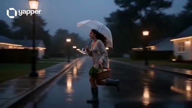プロンプトのプレビュー: シネマティックで心地よい雨の日の帰宅シーン