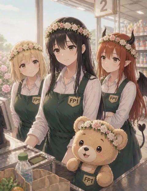 Vista previa del prompt: Escena de anime en un supermercado con un osito de peluche que habla
