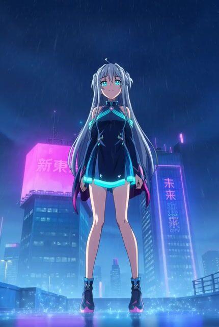 Aperçu du prompt: Clip musical d'anime : Idole aux cheveux argentés sur un toit de Tokyo