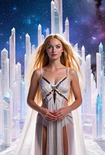 プロンプトのプレビュー: プレアデス星人の女性とクリスタルシティ